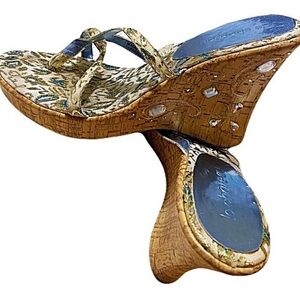 Le Chateau Gold and Blue Patterned
Bejeweled Cork Wedges